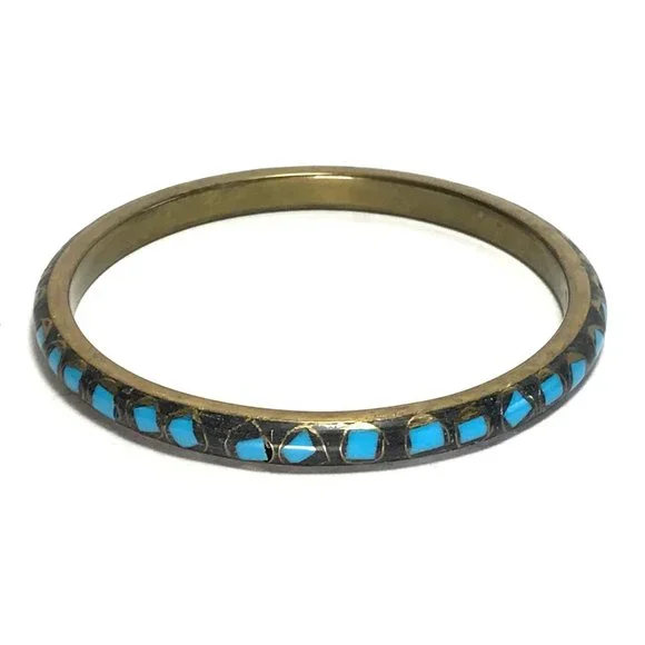 Vintage Brass and Turquoise Glass? Mosaic Bangle Bracelet Tribal Boho - Picture 5 of 5